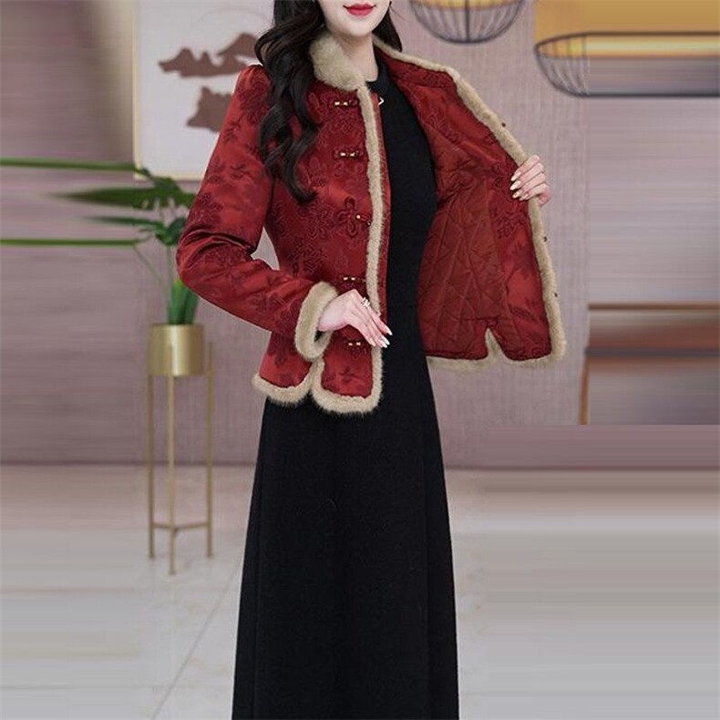 夹棉加厚两件套连衣裙女新款高级感妈妈洋气套装裙子,女装棉衣/棉服,韩蔻秀