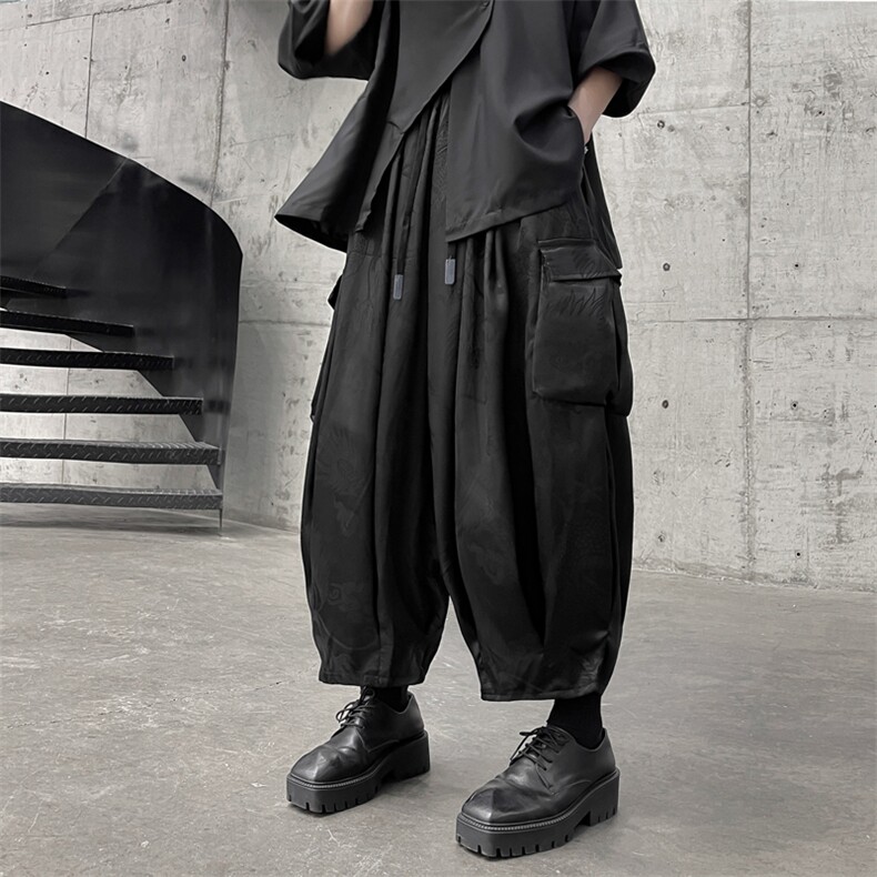 中国风冰丝七分裤男夏季薄款国潮龙纹胖子大码oversize阔腿工装裤，男装休闲裤，星座909