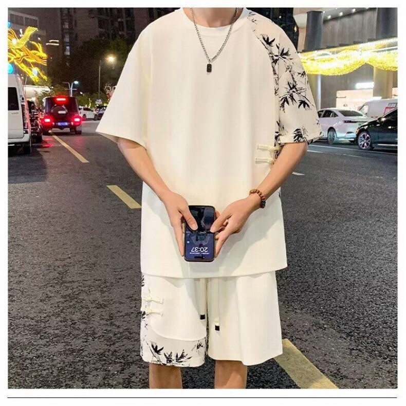 网络图现货风新中式潮流盘扣竹叶加肥加大印花套装J5009-P50,男装休闲套装,星座715-7