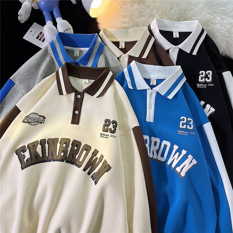 港风中性风平铺POLO领卫衣情侣大码M-5XL休闲套头卫衣男C7720P55，男装Polo衫，星座227-7