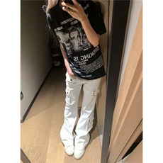 美式复古白色多口袋绑带微喇牛仔裤女辣妹设计感修身显瘦马蹄长裤，男装牛仔裤，星座1210-1