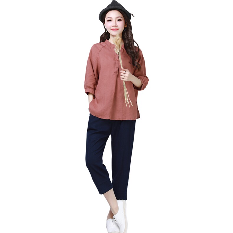 棉麻上衣女夏高端2023新款女装半袖文艺复古短袖T恤宽松亚麻小衫,女装套装/套裙,奕阳依阁