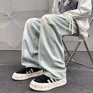 美式高街破洞牛仔裤男秋款潮牌复古宽松阔腿欧美直筒裤N6096-P43图片