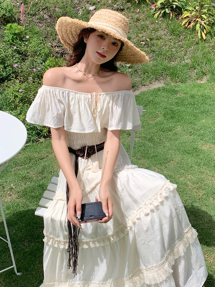 法式浪漫优雅连衣裙女2025夏季新款赫本风高腰一字肩荷叶边裙子潮,女装连衣裙,浙宝305