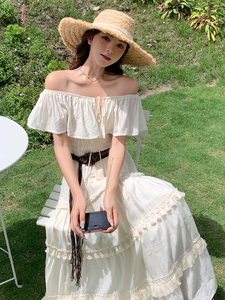 法式浪漫优雅连衣裙女2025夏季新款赫本风高腰一字肩荷叶边裙子潮图片