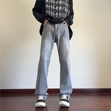 浅蓝色微喇牛仔裤男女款高腰窄版裤子美式高街cleanfit修身直筒裤，男装牛仔裤，电商B315