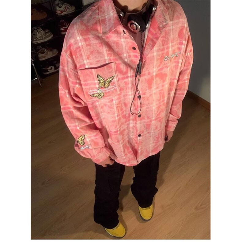 美式水洗做旧蝴蝶刺绣格子衬衫长袖男女宽松休闲百搭衬衣C6050,男装衬衫,星座1116A（原606A-3）
