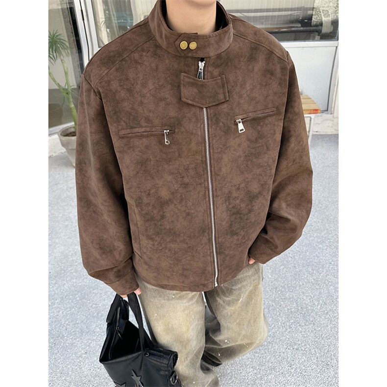 2026春季抖音得物高品质新款扎染PU皮衣立领雾面皮夹克外套男P48图片