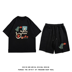 白底23新款夏季圆领印花短袖时尚潮流短裤五分裤套装TZ63P50控68，男装牛仔裤，电商A247-1