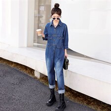 时尚显瘦牛仔连体裤女宽松高腰长袖休闲工装裤百搭气质女装图片