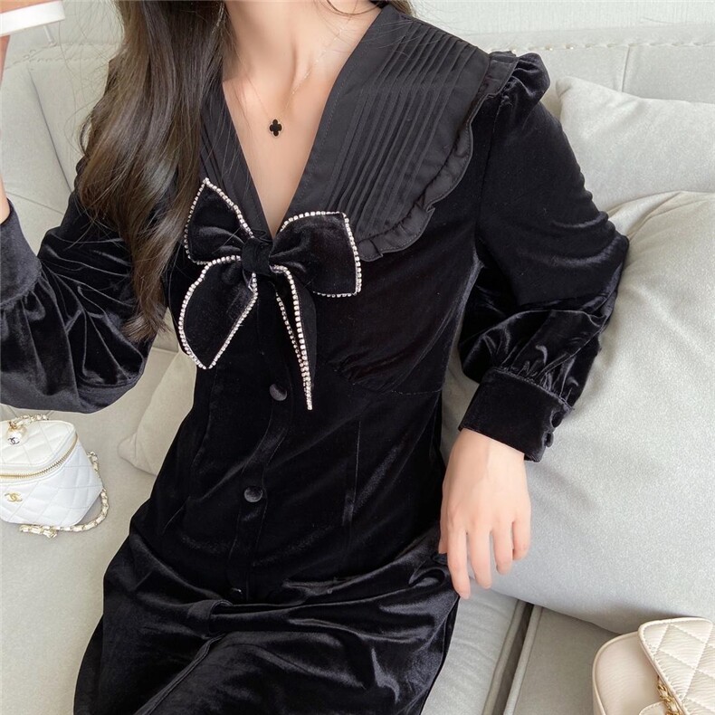 金丝绒收腰款连衣裙，女装连衣裙，Linda Jean