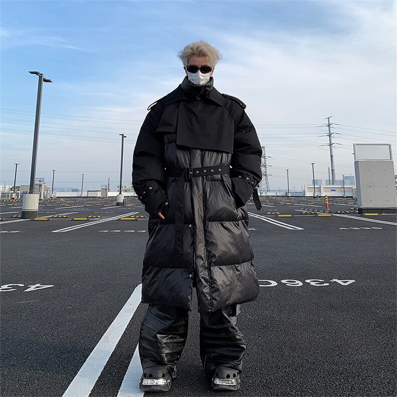 设计感小众长款过膝棉服男士高级感拼接棉大衣外套冬季MM02P235图片