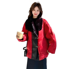 红色羊羔毛领派克羽绒服女2025冬季新款时尚皮毛一体加厚保暖外套，女装羽绒服，2C159