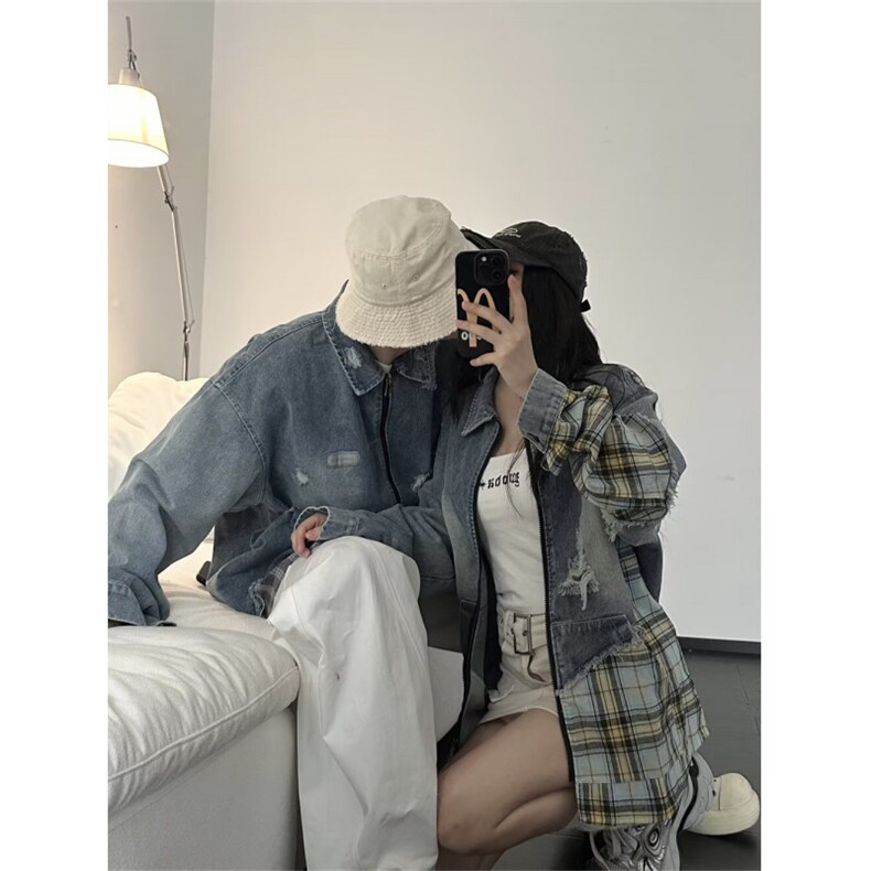 ins不规则格子拼接破洞牛仔外套文艺日系流行百搭潮流简约新款,男装工装外套,星座506A