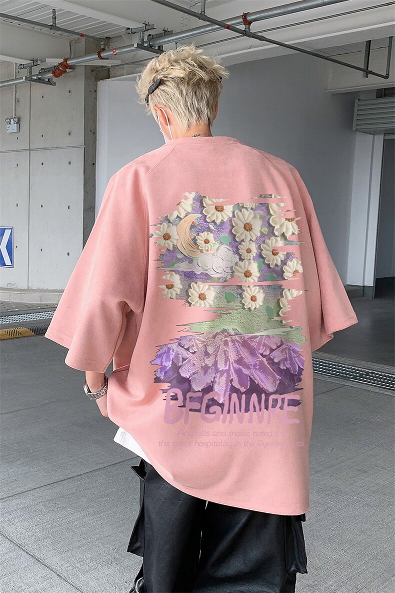 港风潮流印花麂皮绒短袖t恤情侣男女百搭半袖美式潮上衣H9915-P28,男装T恤,电商B295