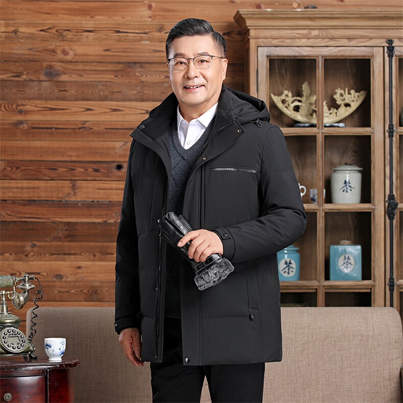 中老年羽绒服男士中长款加厚防寒中年休闲白鸭绒连帽可脱卸外套,男装羽绒服,钱塘6003（原4033）