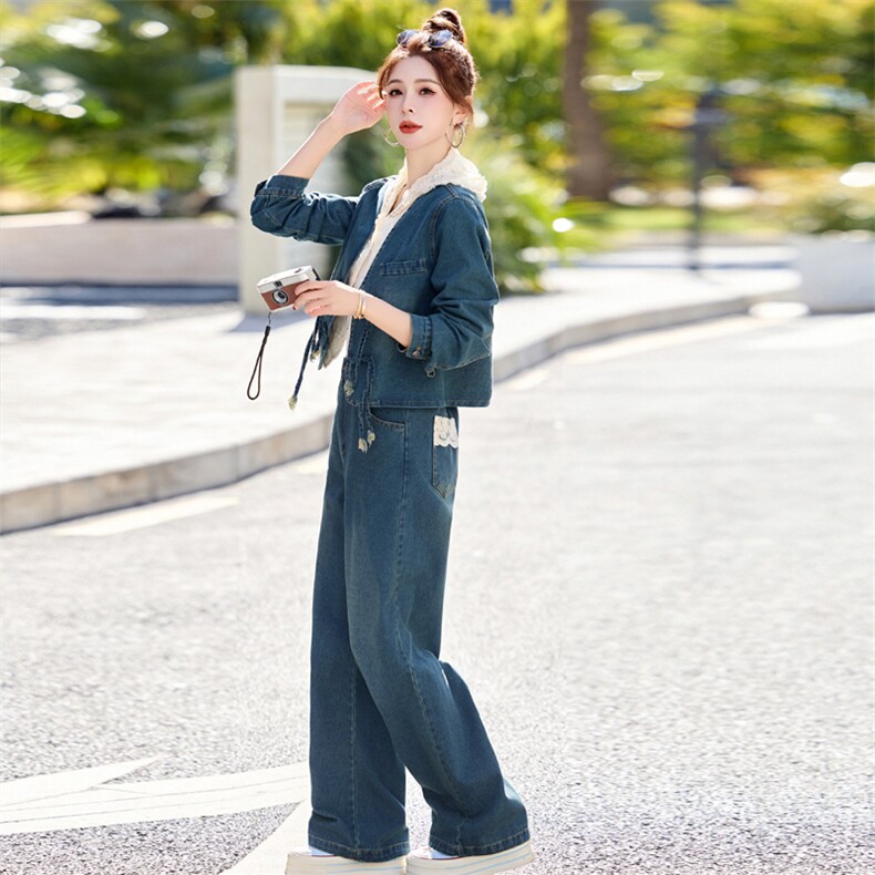 新中式蕾丝拼接牛仔套装女2026春季新款复古盘扣时尚两件套潮,女装套装/套裙,欣品汇