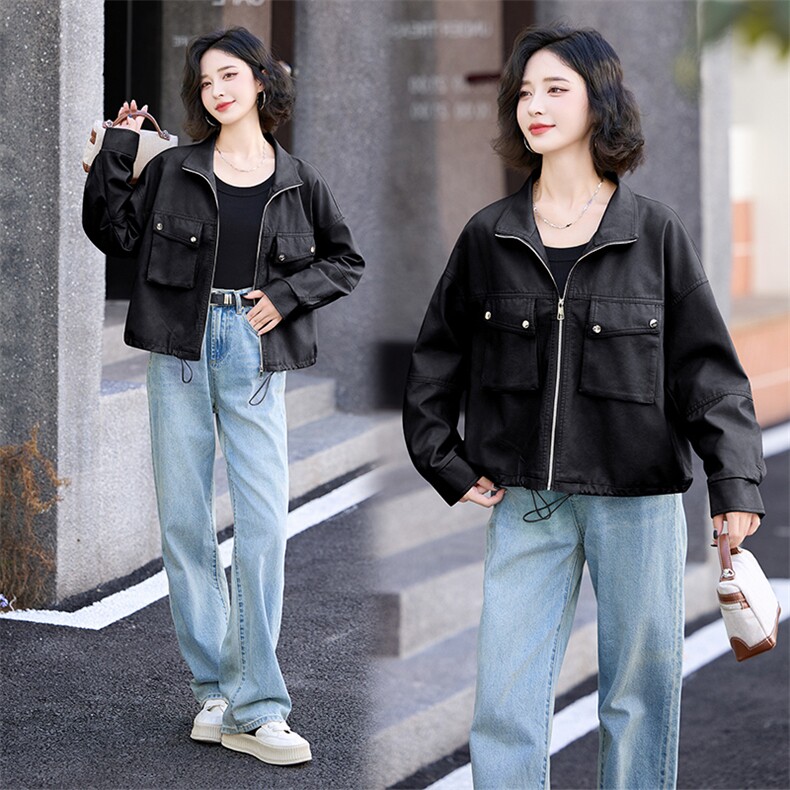 小皮衣外套女春秋2024新款港风小个子短款美式复古休闲PU机车夹克,女装皮衣,美拉德工厂直营店