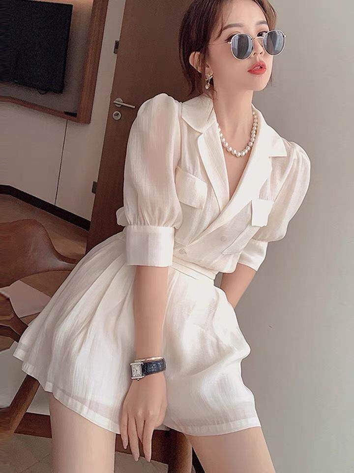 夏季新款韩版洋气西装领两排扣套装,女装西装,L·H·X