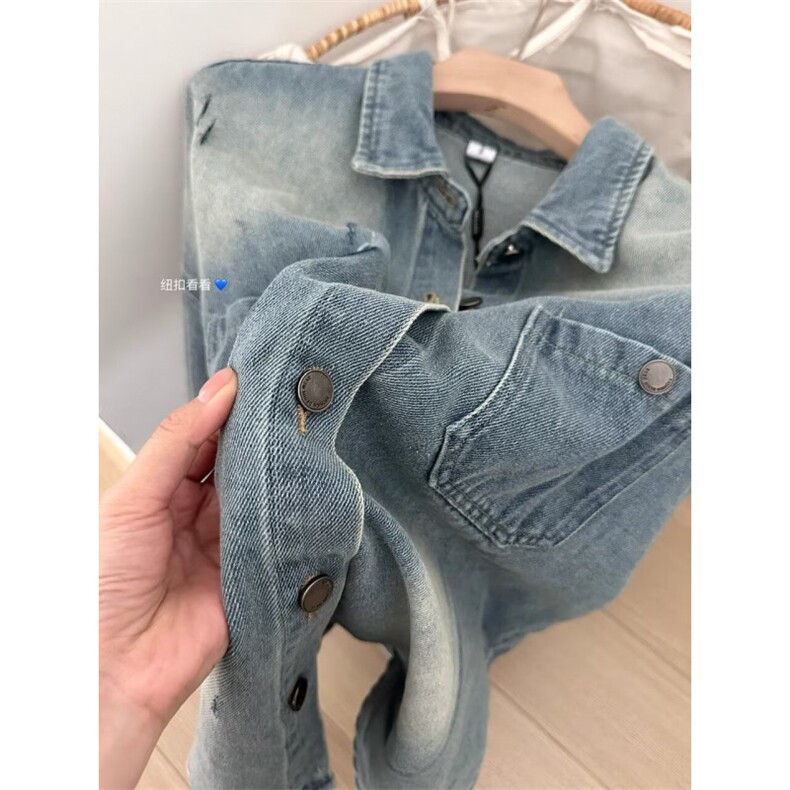 美式复古割破做旧牛仔衬衫男春秋季cleanfit宽松休闲水洗长袖外套,男装衬衫,星座410-6（原星座1304-1）