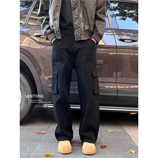 藏青色多口袋工装裤欧美hiphop炸街裤子小众设计感宽松直筒休闲裤，男装牛仔裤，星座506A