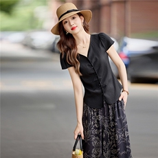 时尚天丝棉麻套装女2025夏新款通勤气质V领衬衫印花阔腿裤两件套，女装套装/套裙，微微衣阁