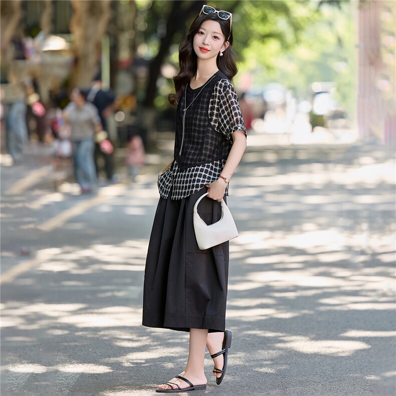 2026年夏季时尚格子假两件阔腿裤套装,女装套装/套裙,依路服饰