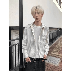 美式潮牌高街复古泡泡纱竖条纹日系肌理长袖衬衫男女休闲宽松衬衣,男装衬衫,电商A486
