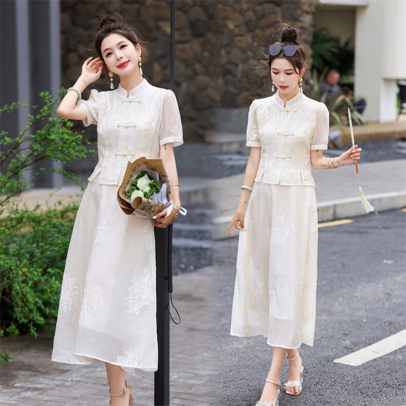 新中式半身套装裙女2026年春夏新款盘扣刺绣网纱袖上衣两件套，女装套装/套裙，兰菲阁