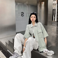 拉链衫男女短袖夏季潮牌潮流宽松山系机能工装衬衫半袖t恤-C1088，男装T恤，星座601-2