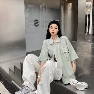 拉链衫男女短袖夏季潮牌潮流宽松山系机能工装衬衫半袖t恤-C1088图片