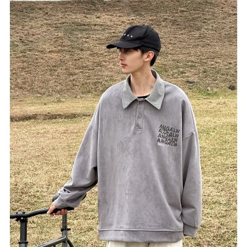2025春美式字母贴标男潮牌宽松加厚麂皮绒翻领Polo卫衣WY106,男装卫衣,星座516A