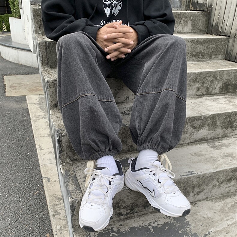 港风秋款男牛仔裤阔腿拼接直筒宽松抽绳束脚长裤NK6061P45,男装牛仔裤,星座1013-1