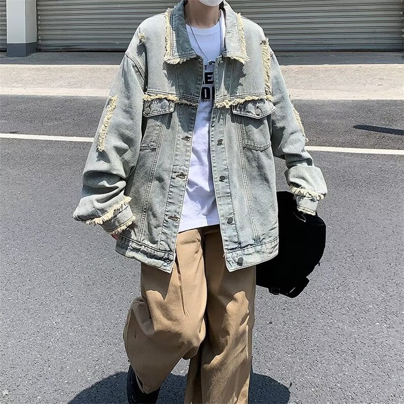 复古毛边做旧破洞牛仔外套女春秋宽松休闲百搭工装夹克上衣潮图片