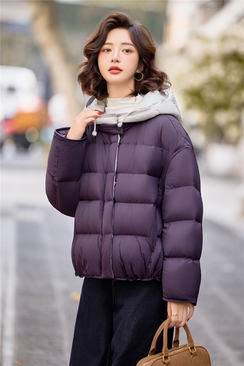 90白鸭绒羽绒服女2025年冬季新款时尚撞色连帽宽松羽绒服外套,女装羽绒服,沁沁公主