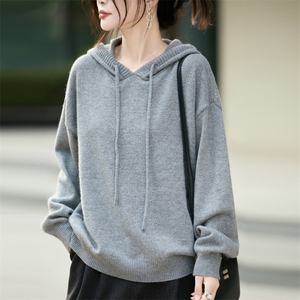 法式设计感点子纱针织连帽毛衣女2025秋冬新加厚保暖宽松打底帽衫图片