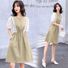 欧洲站2026夏季新款拼接撞色收腰荷叶边甜美泡泡袖衬衫直筒连衣裙，女装连衣裙，兰菲阁