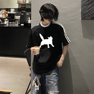 抖音得物高品质二开240克宽松纯棉美式潮牌三条杠织带短袖T恤图片