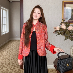 新中式独特漂亮唐装上衣红色印花立领盘扣短外套女秋图片