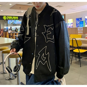 刺绣毛呢外套痞帅美式复古pu皮拼接棒球服飞行员夹克男女-W0625图片
