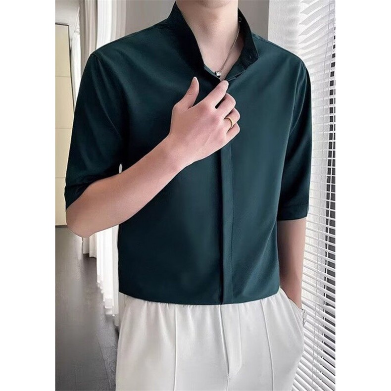 新中式立领衬衫男短袖夏季2025男装暗扣五分袖衬衣男士C63,男装T恤,星座1116A-2（原606A-1）