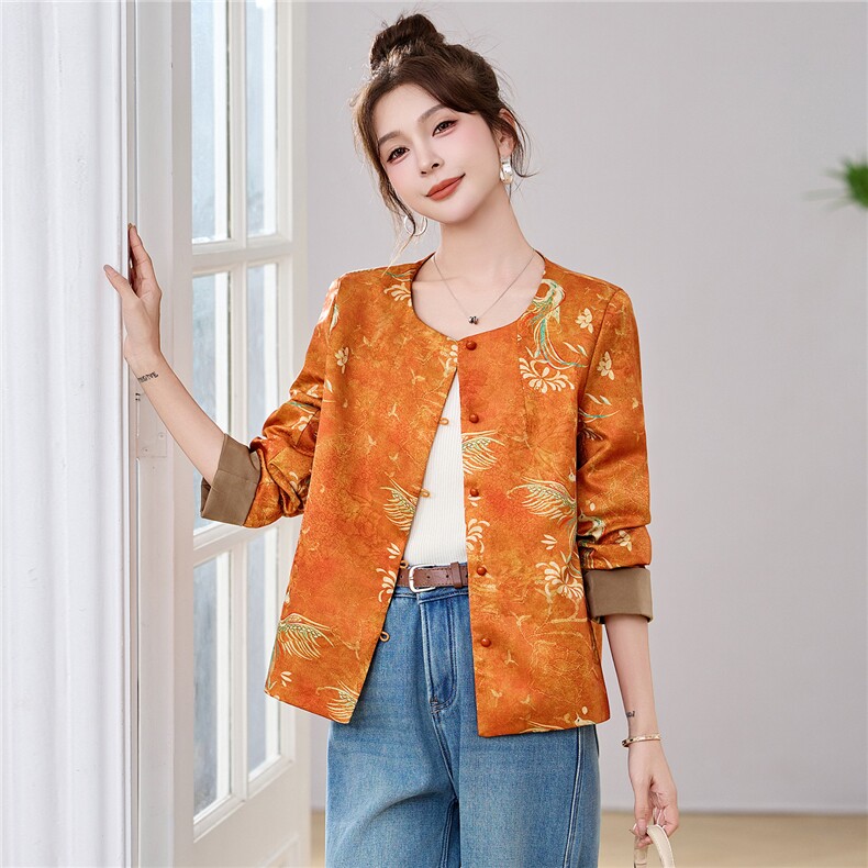 新中式凤纹印花圆领风外套601P125,女装短外套,乐衣轩