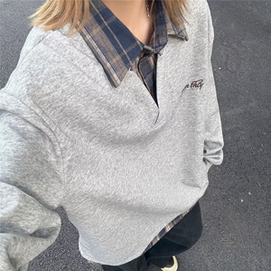 复古条纹翻领拼接假两件卫衣女秋冬2025新款宽松上衣潮WY35图片