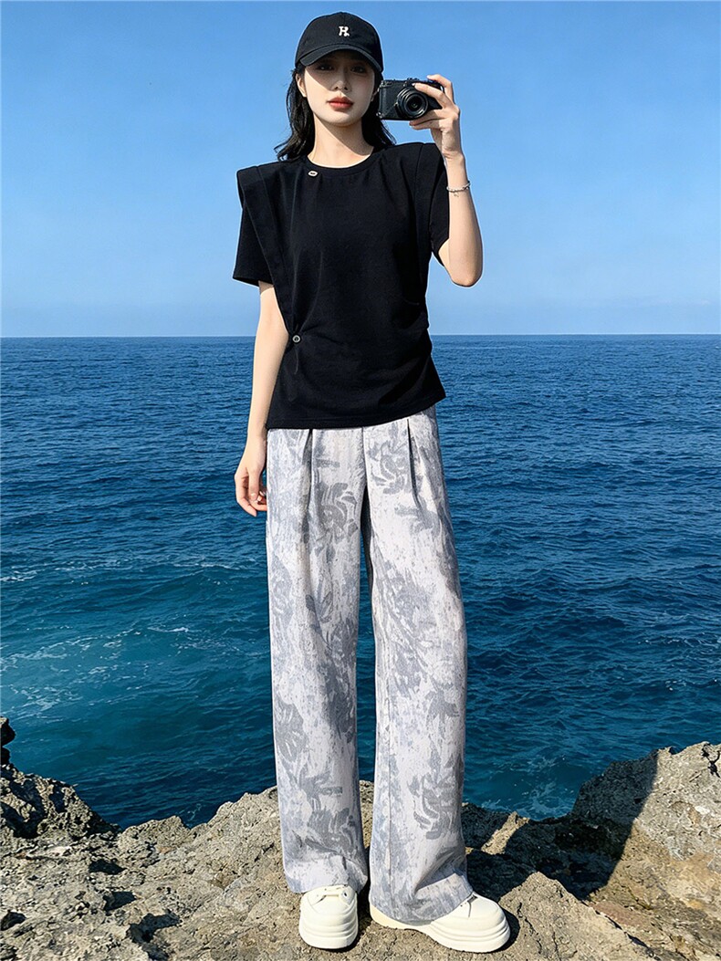 时尚简约套装女夏新款收腰显瘦圆领开叉不规则短袖印花长裤两件套,女装套装/套裙,江南