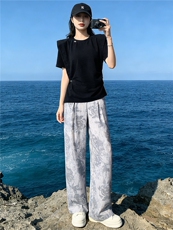 时尚简约套装女夏新款收腰显瘦圆领开叉不规则短袖印花长裤两件套，女装套装/套裙，江南