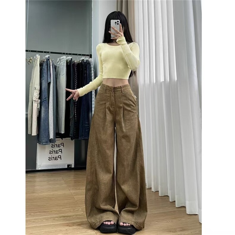 美拉德卡其色阔腿牛仔裤女夏季拖地工装高腰宽松显瘦直筒喇叭裤子图片