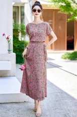 2024夏季新款优雅淑女风印花连衣裙修身显瘦气质长裙，女装连衣裙，魅丽静蓝