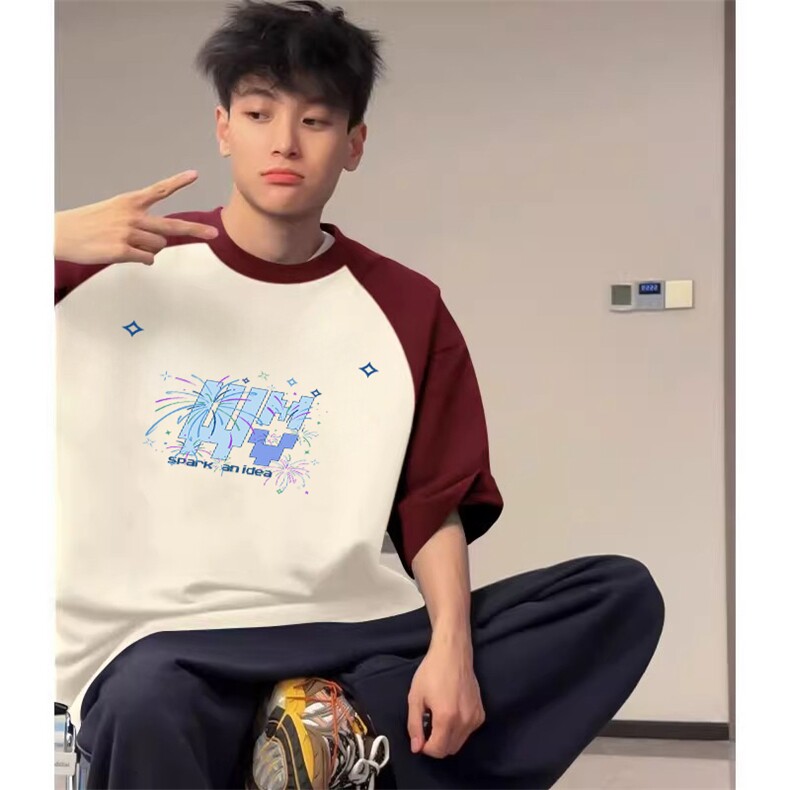 抖音得物高品质二开240克宽松纯棉美式潮牌插肩袖拼接短袖T恤,男装T恤,电商A486