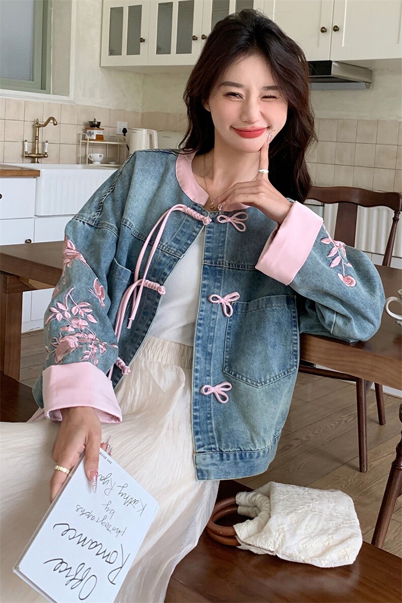 现货新中式古风刺绣牛仔上衣1C045-8068P135K198,女装短外套,红龙果