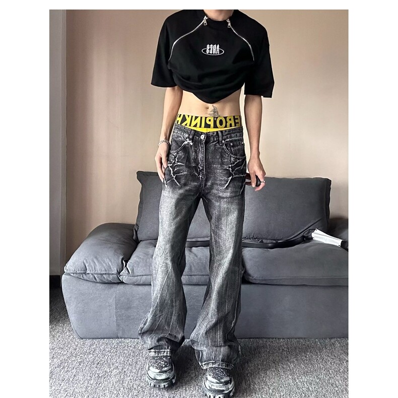 美式水洗黑灰渐变微喇牛仔裤男女高街Vibe直筒裤宽松休闲裤K706,男装休闲裤,星座601-1